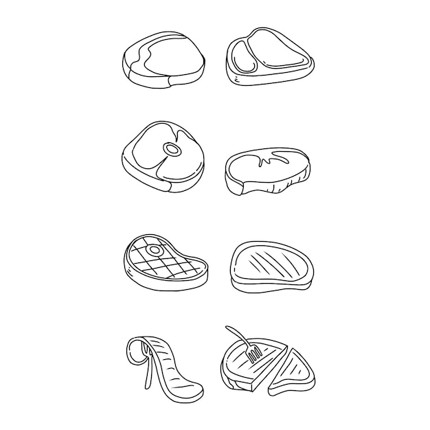 bistec carne dibujado a mano doodle ilustraciones vector conjunto