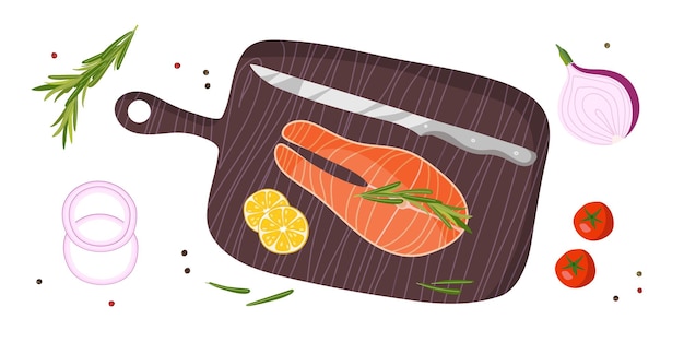 bistec de salmón e ingredientes para asar rebanadas de limón romero cebolla en tabla de corte de madera pescado rojo y condimentos cocinar bistec de salmon vista de arriba para el cartel del restaurante de la cafetería del menú