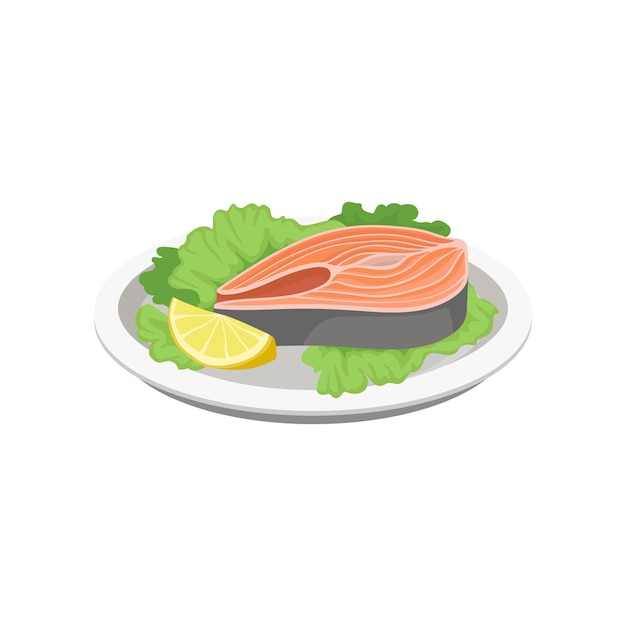 Bistec de salmón a la parrilla servido con hojas de limón y lechuga en un plato de vector ilustración aislada sobre un fondo blanco