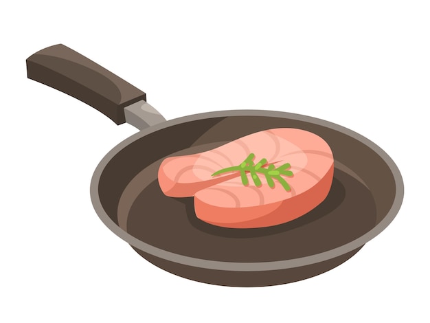 bistec de salmón en una sartén con hierbas Ilustración vectorial