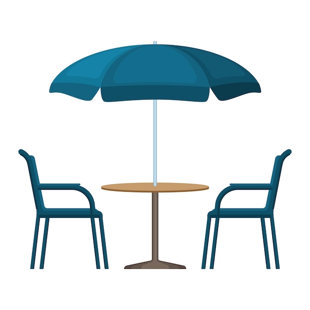 Bistro mesa redonda de madera azul con carpa paraguas abierta y dos sillas