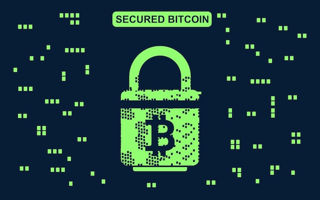 Bitcoin asegurado con tecnología de encriptación píxeles diseño ilustración vectorial