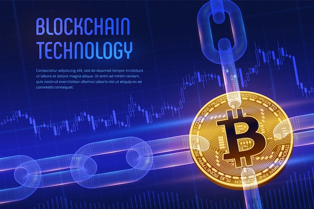 Bitcoin bitcoin dorado 3d con cadena de estructura metálica sobre fondo financiero azul