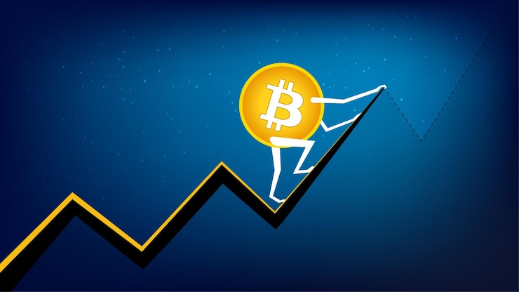 Vector bitcoin btc está subiendo al próximo pico. la criptomoneda tiene un récord histórico. moneda btc a la luna.