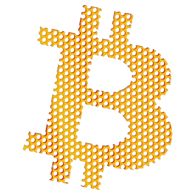 Vector bitcoin btc de malla perforada como queso aislado sobre fondo blanco símbolo btc de oro y dinero digital moderno