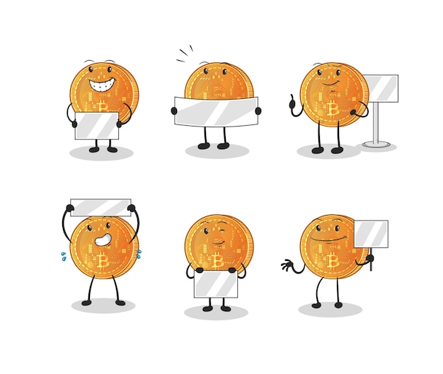 Bitcoin con carácter de grupo de tablero. vector de mascota