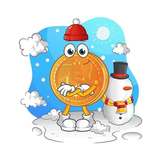 Bitcoin en carácter de invierno frío. vector de mascota de dibujos animados
