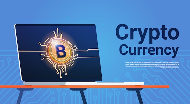 Bitcoin en el concepto crypto de la moneda del dinero de Digitaces del web del monitor de computadora portátil