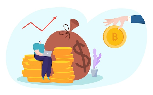 Bitcoin concepto vector ilustración plana diminuta mujer de negocios charcater sentarse en enorme cripto moneda moneda personas pagan en efectivo para obtener dinero digital