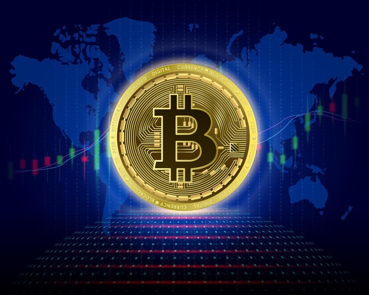 Vector bitcoin cryptocurrency blockchain crypto moneda digital golden virtual con gráfico de crecimiento