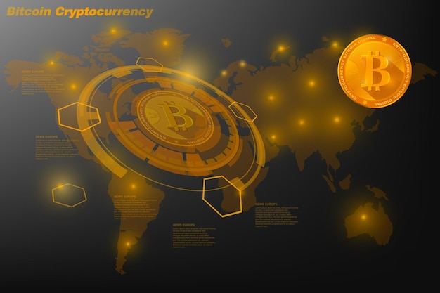 Bitcoin cryptocurrency moneda digital bitcoin dorada e ilustración de holograma de globo terráqueo