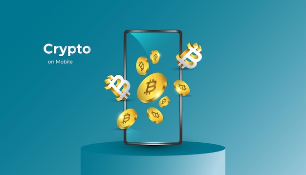 Bitcoin Cryptocurrency con pila de Golden Bitcoin sale de Smartphone en Podium. Bitcoin Crytpo en el móvil. Fondo de moneda digital