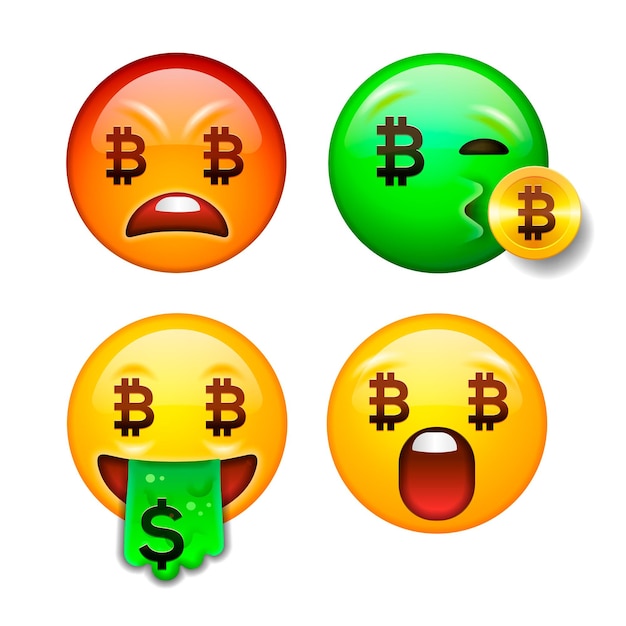 Bitcoin emoji crypto moneda conjunto de caracteres con diferentes emociones ilustración vectorial