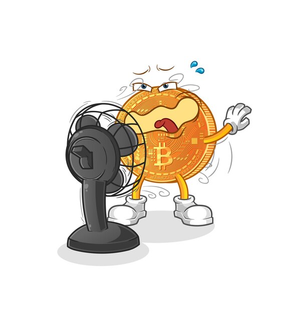 Bitcoin frente al personaje del fan. vector de mascota de dibujos animados
