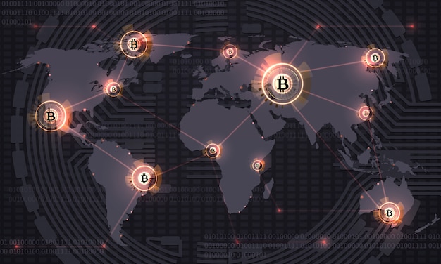 Bitcoin global. crypto currency blockchain technology y mapa mundial. fondo abstracto de vector de comercio de moneda criptográfica