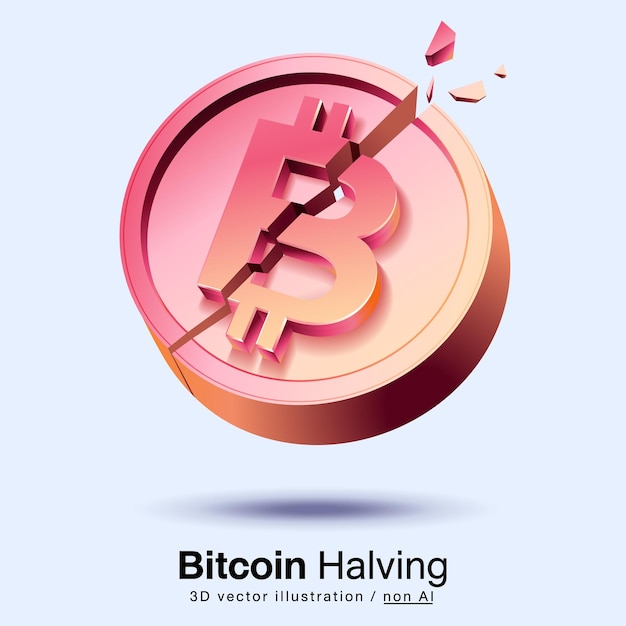 Bitcoin halving Cracked bitcoin Las recompensas del bloque se reducen en 2 veces Ilustración vector 3d