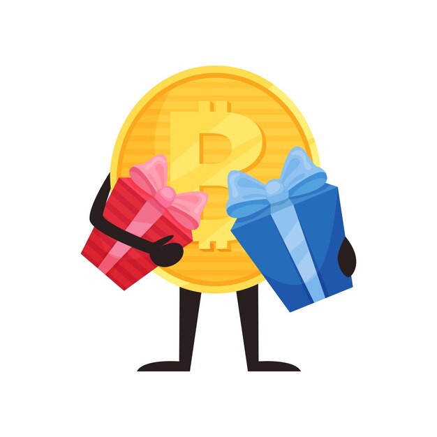 Bitcoin humanizado sosteniendo dos cajas de regalo Personaje de moneda de oro de dibujos animados Criptomoneda con manos y piernas Diseño de vector plano para cartel o pancarta web de pegatinas