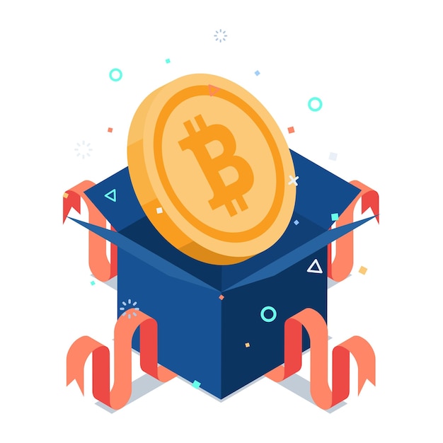 Bitcoin isométrico plano 3d dentro de cajas de regalo que aparecen. concepto de regalo de lanzamiento aéreo de bitcoin y cryptocurrency.