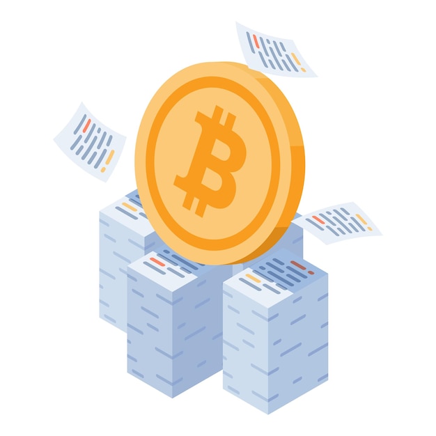 Bitcoin isométrico plano 3d en la pila de documentos fiscales Concepto de impuestos y criptomonedas de Bitcoin