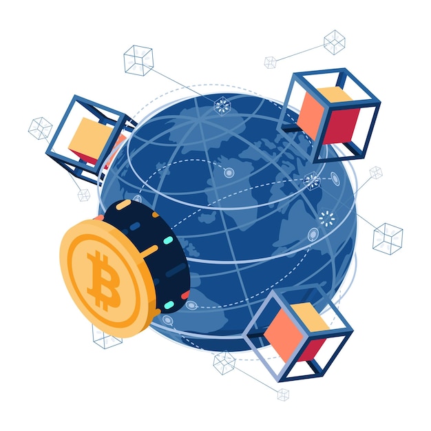 El Bitcoin isométrico plano 3D y la tecnología Blockchain se conectan con el mundo