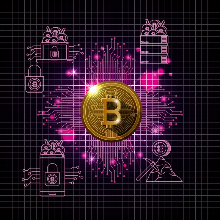 Vector bitcoin, minería, conjunto, iconos, vector, ilustración, diseño