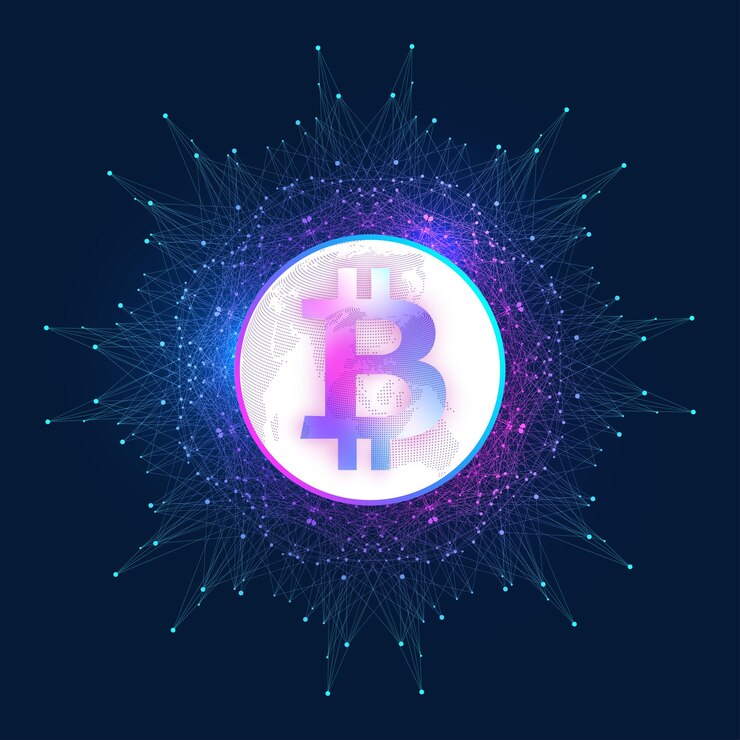 Vector bitcoin. moneda de bits físicos. bitcoin moneda digital daña el sistema financiero mundial. criptomoneda. dinero virtual. fondo de punto de mapa mundial. ilustración vectorial.