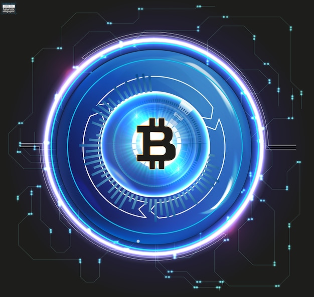 Bitcoin moneda digital, dinero digital futurista, concepto de red mundial de tecnología, estilo hud, ilustración