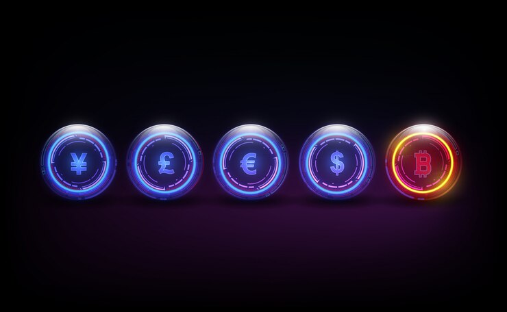 Vector bitcoin moneda digital, dólar, euro, libra, yen y yuan en forma de cuna de newton, concepto de finanzas mundiales de fintech.
