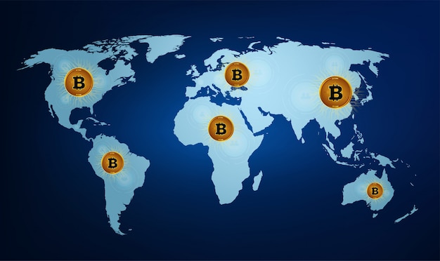 Bitcoin moneda digital en el mapa mundial.