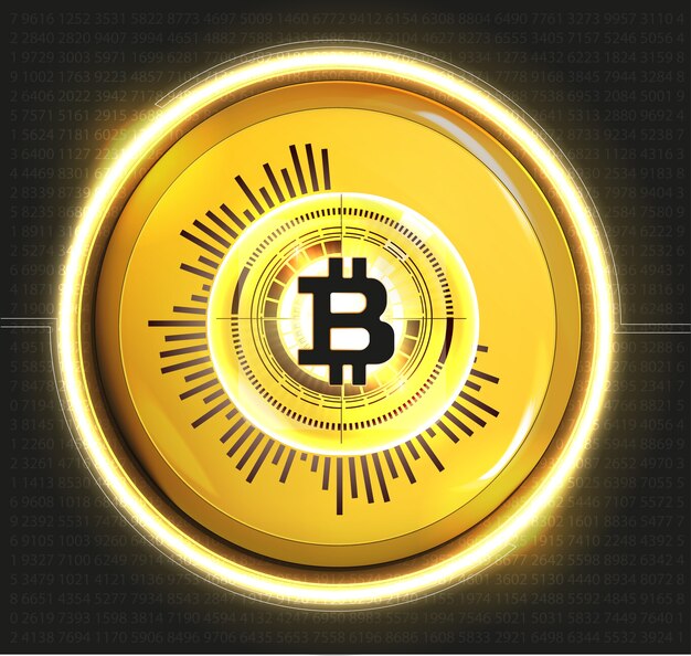 Vector bitcoin moneda de oro digital, dinero digital futurista, concepto de red mundial de tecnología, estilo hud, ilustración