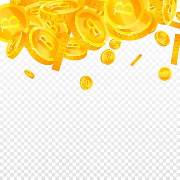 Bitcoin, monedas de moneda de internet cayendo. Monedas BTC exóticas dispersas. Criptomoneda, dinero digital. Gran premio mayor, riqueza o concepto de éxito. Ilustración vectorial.