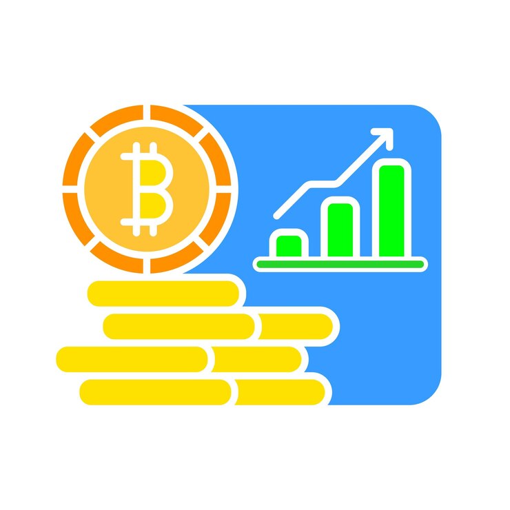 Vector bitcoin en la montaña de oro con icono de línea gráfica en crecimiento criptomoneda pago electrónico granja minera anonimato icono de color vectorial sobre fondo blanco para negocios y publicidad