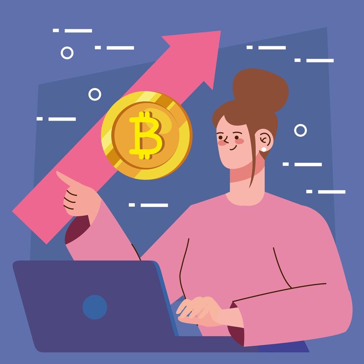 Vector bitcoin con mujer usando laptop