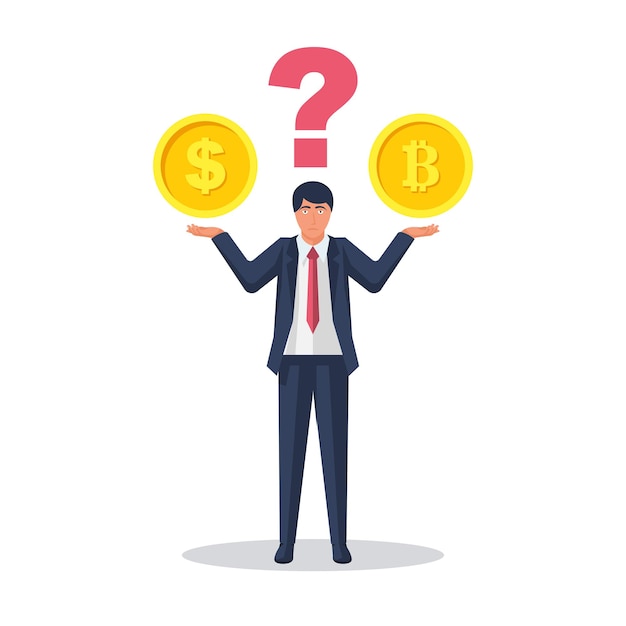 Bitcoin o dólar Dinero clásico y electrónico Hombre antes de elegir la financiación Mercado virtual
