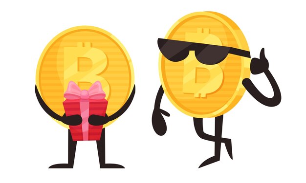 Bitcoin personaje humanizado dorado sosteniendo caja de regalos y usando gafas de sol conjunto vectorial