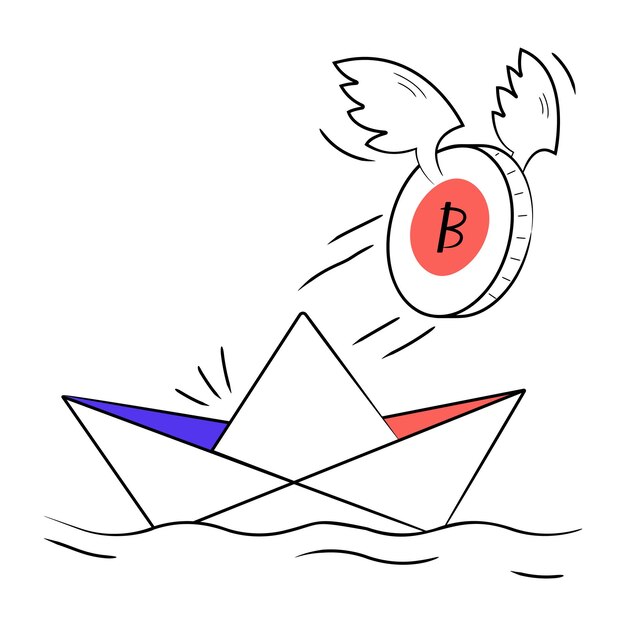 Bitcoin volador sobre un barco de papel, ilustración vectorial