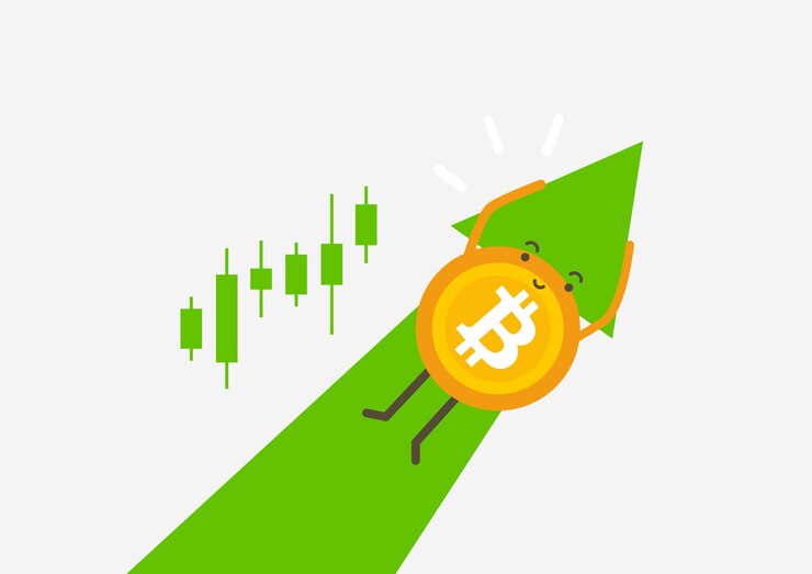 Vector bitcoin volando en el cielo con flecha verde. aumento de precio bitcoin. concepto de dibujos animados de criptomonedas.