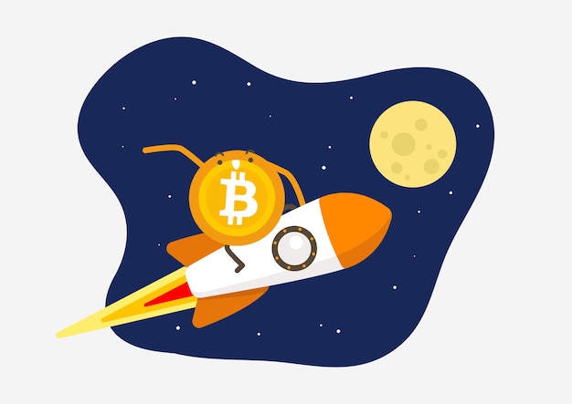 Bitcoin vuela en el cohete a la Luna. Concepto de dibujos animados de criptomonedas.