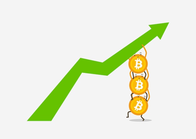 Bitcoins acrobáticos para impulsar el gráfico más alto. Concepto de dibujos animados de criptomonedas.