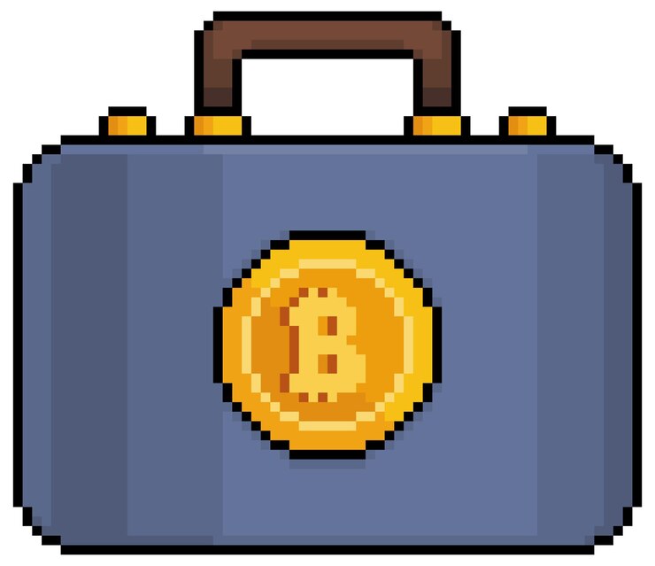 Vector bitcoins de maleta de pixel art inversión en vector de criptomonedas para juego de 8 bits sobre fondo blanco