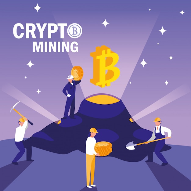 Vector bitcoins de minería criptográfica de trabajadores en equipo