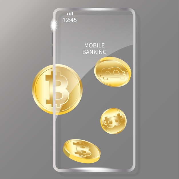 Bitcoins de teléfono de vidrio plano para el diseño de dispositivos móviles ilustración vectorial