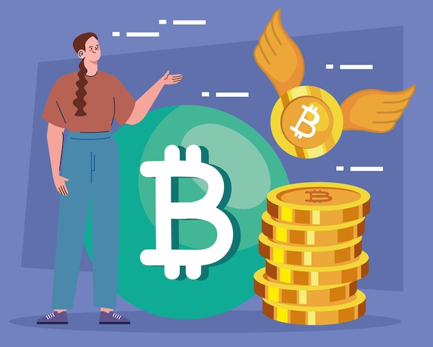 Vector bitcoins volando y mujer