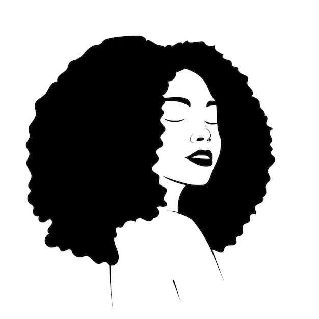 Black Afro African American girl woman lady vector retrato cabeza cara silueta con ondas naturales pelo soplo peinado dibujo ilustración Logo para salón de belleza T shirt print