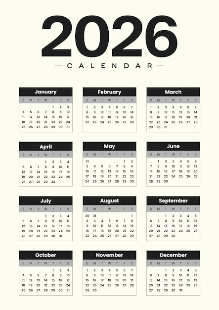 Black and white 2026 monthly calendar planner with clean a4 printable layout