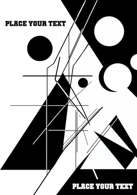 Black and white abstract geometric composition with intersecting lines triangles circles and contrasting shapes creating a dynamic and visually interesting design