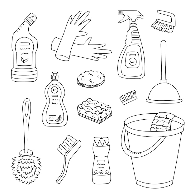 Black and white cleansing products and tools set Bucket toilet cleaner brush plunger rubber gloves