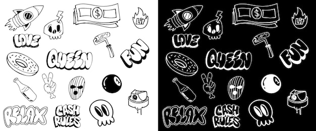 Black and white doodle set graffiti background handdrawn drawing vector doodle art style