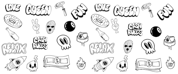 Black and white doodle set graffiti background handdrawn drawing vector doodle art style