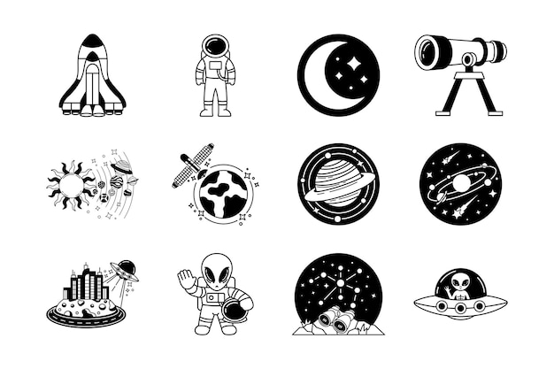black and white illustration of spaceship alien in the galaxy collection